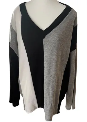 BiBi Womens Colorblock‎ Waffle Knit Thermal V-Neck Top Grey Black White Sz M thumbnail 1