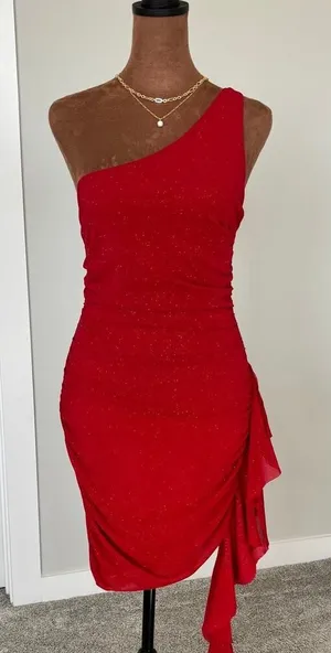 Privy Red One Shoulder Dress M Y2K Romantic Shimmer Homecoming Sorority Rush‎ thumbnail 1