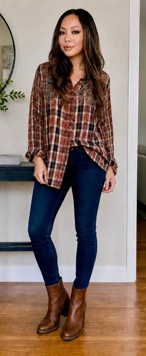 Free People SNOW TOP MOUNTAINS Red Plaid Shirt with Embroidered Sequins thumbnail 1