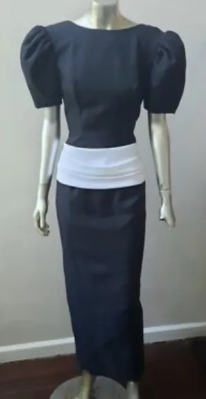 Vintage 80s Black White Puff Sleeve Column Maxi Dress Open Back Prom Goth Formal thumbnail 1