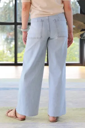 OAT NEW YORK- High Rise Wide Leg Jeans Blue Denim Powder Light Wash Raw Fray Hem thumbnail 2