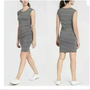 Athleta‎ Ruched Carefree Tee Dress Gray White Stripe Small thumbnail 2