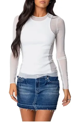Edikted White Layered Mesh Sheer Ribbed Long Sleeve Top Small thumbnail 1