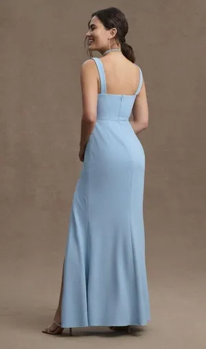Ashlynn Square-Neck Stretch Crepe Side-Slit Gown, Light Blue Size 10 thumbnail 3