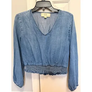 Cloth & Stone Anthropologie Smocked Waist Blouse Tencel Denim Chambray Top S thumbnail 4