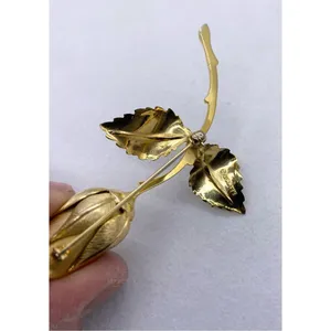 Vintage Gold Plated Rose Brooch Detailed Stem with Two Leaves 1960s Vintage Broo thumbnail 7