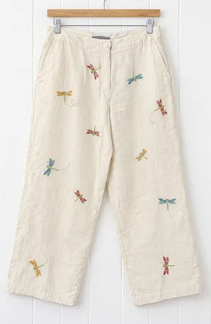 Paraphrase Linen Pants Womens 12 Ivory Embroidered Dragonfly Wide Leg Crop thumbnail 1