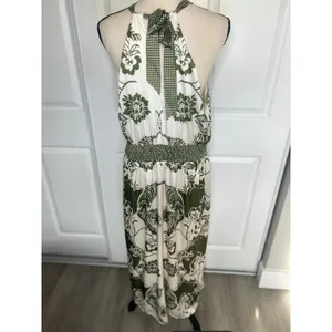 CIEBON Maxi Dress Halter Floral XL Green Cream Smocked Waist Pockets D5771-R2501 thumbnail 4