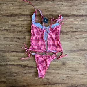 Zaful‎ Red Gingham Tankini Set Tie Shoulder Lace Up Back Swimsuit US 8 New thumbnail 10