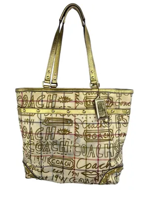 Coach Heritage Limited Edition Gold Graffiti Tattersall Tote F13188 16” x 13” XL thumbnail 2