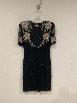 Laurence Kazar Dress Womens Medium Black Vintage Sequin Beaded Floral Silk Party thumbnail 4