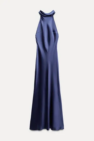 Zara maxi dress satin slip gown Elegant blue Halter formal party wedding prom thumbnail 14