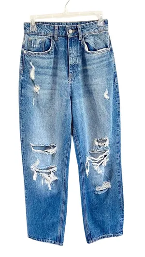 Zara High Rise Straight Leg Ripped Jeans Size 4 100% Cotton Mom‎ Fit Cropped thumbnail 1