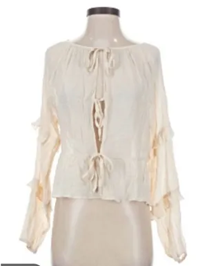 Women’s altar’d state cream tie front long sleeve ruffled sleeve blouse boho thumbnail 1