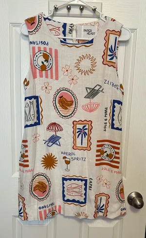 Paper Heart Cream Sleeveless Mini Dress with Multicolor Graphic Motifs thumbnail 1