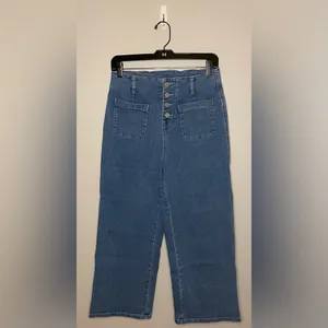 High-Waisted Wide Leg Button-Up Jeans, Blue, Size 4, EUC thumbnail 3