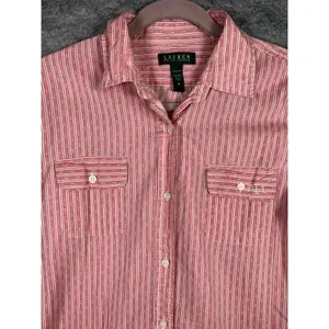 Lauren Ralph Lauren‎ Medium Shirt Button Up Pink Striped Long Sleeve Long Logo thumbnail 6