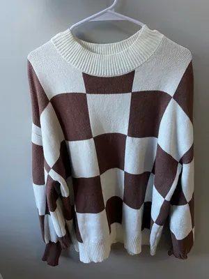 Checkerboard Crewneck Sweater - Cream & Brown thumbnail 1