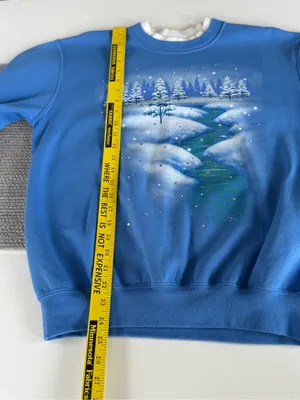 Vintage 80s 90s Cottagecore Blue Winter Scene Sweatshirt Rhinestone Accents Sz M thumbnail 7