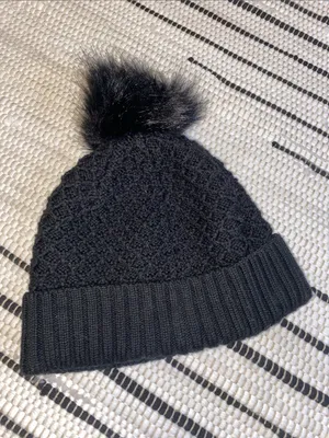 lululemon Merino Wool Black Knit Beanie with Faux Fur Pom thumbnail 2
