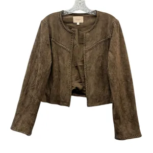 Skies Are Blue Faux Suede Brown Fringe Blazer Cropped Western Boho Jacket Chic M thumbnail 1