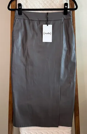 NWT NUDE Asphalt Grey Faux Leather Faux Wrap Midi Skirt thumbnail 1