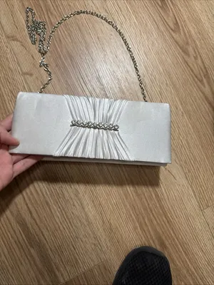 Gunne Sax Silver Satin Evening Clutch‎ with Rhinestone Chain thumbnail 3