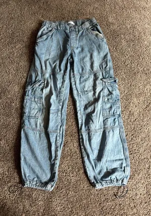 Garage Relaxed Light Blue Cargo Jeans with Drawstring Ankles thumbnail 1