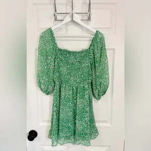 Sienna Sky Green Off the Shoulder Cottage Smocked Babydoll Mini Dress Speckled - Medium thumbnail 9