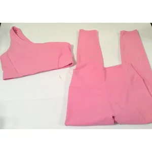 EUC Large Womens WILO Ribbed Pink set Leggings Bra Top one shoulder thumbnail 4