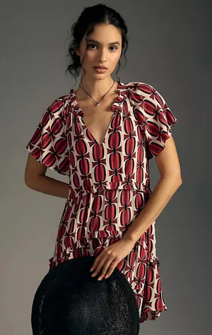 Anthropologie Robin Tiered Mini Dress Women’s Size M Red Beige Geometric Print thumbnail 1