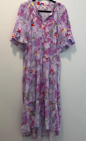 Terra & Sky Women's Plus 0X 14W Purple Floral Ruffle Sleeve Maxi Dress Tiered thumbnail 1