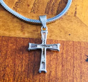 Vintage tapered baguette cubic zirconia 925 cross pendant on chain thumbnail 9