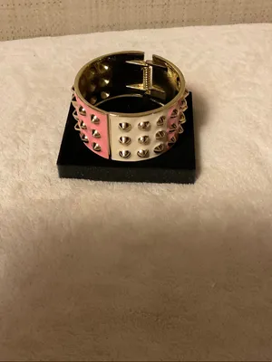 Pink Enamel Wide Bangle Bracelet with Silver Studs thumbnail 2