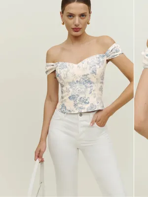 Reformation Eden Off-Shoulder Top in Cream and Blue Floral thumbnail 2
