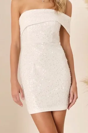 Lulus White‎ One Shoulder Sequin Pearl Embellished Mini Dress NWT Size S thumbnail 1