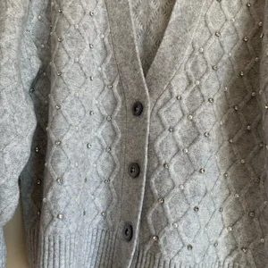 Talbots Light Gray Beaded Cable-Knit Cardigan Wool Mix Sweater Women Size Large thumbnail 2