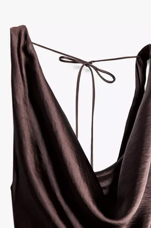 Zara Elegant Brown Sleeveless maxi stin effect Dress holiday party cocktail thumbnail 3