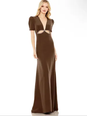 Mac Duggal Brown Beaded V-Neck Cap Sleeve Maxi Gown 4 thumbnail 2