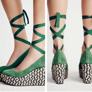 Free People Suede Lace Up Charade Espadrille Wedge Heels Green Size 36 US 5.5 thumbnail 2