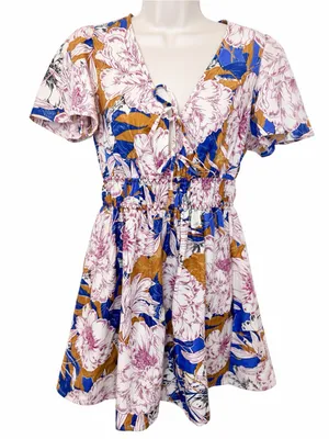 Band Of The Free Free People Blouson Mini Floral Multicolor Short Sleeve Dress S thumbnail 1