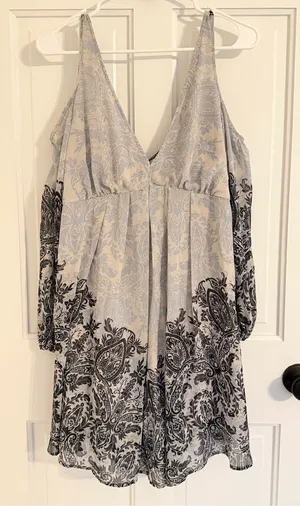 Free People Paisley‎ Cold Shoulder Open Back Mini Dress Blue Gray Large thumbnail 1