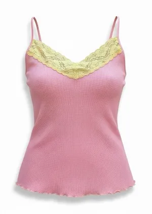 Vintage Y2K GAP Body Pink Waffle Knit Lace Cami‎ Top Medium Coquette thumbnail 1