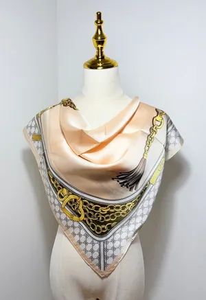 Elegant Beige Square Scarf with Gold Chain and Tassel Design, Lightweight thumbnail 1