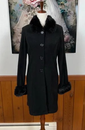 Elegant Vintage 90s Forever Black Fur-Trimmed Women's Sweater Coat! thumbnail 1