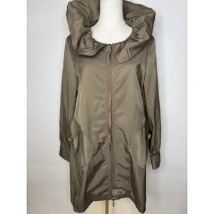 Vertigo Paris Womens XL Olive Taupe Ruffle Collar Belted Trench Coat Jacket thumbnail 2