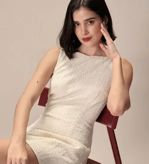 RIHOAS The Beige Boat Neck Textured Mini Dress thumbnail 6