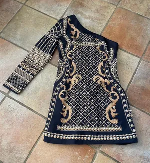 Bejeweled one-shoulder mini dress featuring pearl embellishments small thumbnail 1