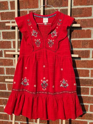 Knox Rose Red Floral Embroidered V-Neck Flutter Sleeve Dress | Size M thumbnail 2