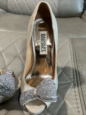 Badgley Mischka Ivory Champagne Satin Peep-Toe Heels with Crystal Bow Accent thumbnail 4